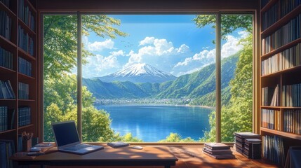 A calming anime-inspired workspace featuring a large window that offers a view of a peaceful lake and mountains. A neat desk with a laptop, books, and an imposing bookcase adds charm