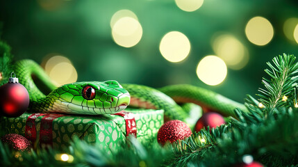 Fototapeta premium Green Earth Snake Christmas Chinese New Year 2025 Symbol Banner. Christmas Green background with decorations, Christmas tree, Presents, Gifts, copy space for text