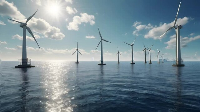 Some windmills are in the middle of the sea when the weather is clear, aerial view from a distance. Seamless 4K looping timelapse video animation background