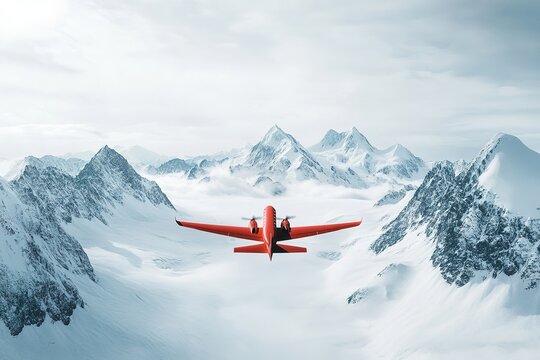 Red plane flying over snowy mountains under cloudy skies - Powered by Adobe