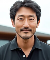Obraz premium Smiling young Asian male in casual attire enjoying a sunny day outdoors, showcasing a friendly demeanor and relaxed atmosphere in a suburban setting
