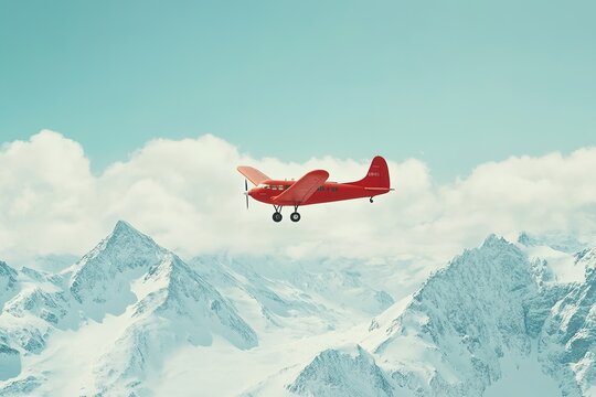 Red plane flying over snowy mountain peaks - Powered by Adobe