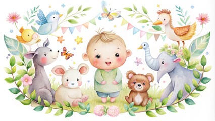 Naklejka premium Hand-Painted Watercolor Illustration Depicting A Tiny Baby Surrounded By Cheerful Animals And Decorations In Soft Pastel Hues, Symbolizing Joyous Welcome.