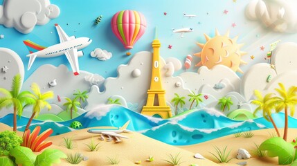 Digital design of holiday travel icons and destination landscapes