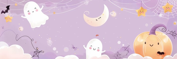 Fototapeta premium Cute Halloween wallpaper pattern with a ghost, a pumpkin and a moon in cartoon style. Abstract Halloween background with empty space for text. Party invitation template design. 
