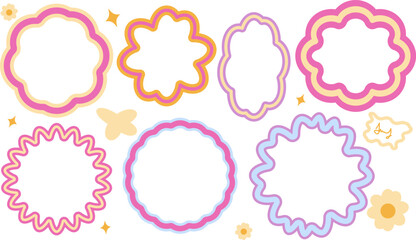 Hand drawn multicolored psychedelic retro textbox for social media. Trendy graphic template of curved frame. groovy style . Vector illustration