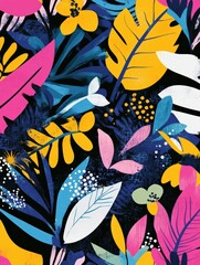 Fototapeta premium Colorful floral pattern with tropical leaves on a dark background