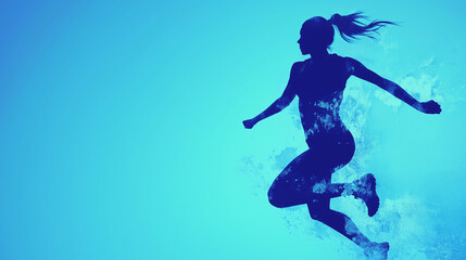 Fototapeta premium Silhouette of a female athlete jumping with a dynamic blue watercolor background, conveying energy and movement