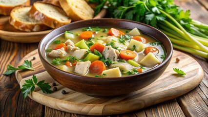 Hearty and comforting bowl of chicken vegetable soup with carrots, potatoes, and celery in a savory broth, garnished with fresh herbs and crusty bread.