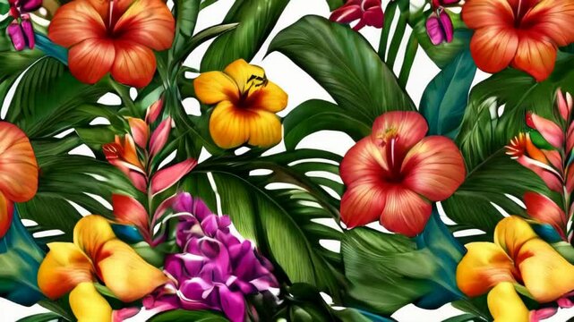 Exotic flowers and leaves on pink background, floral wallpaper, floral pattern