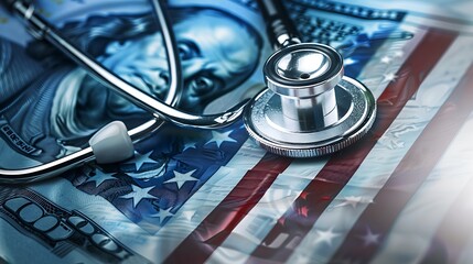 Stethoscope lies on American flag with dollar bills for symbolizing cost of healthcare medical expenses economic impact and health insurance system in the United States concept.