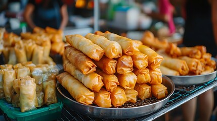 Focus on golden-brown spring rolls at a food stall in a lively Thai market