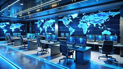 High-tech military command center with screens displaying cyber threat maps, coding lines, and encryption keys, illuminated by futuristic blue lights and neon accents.