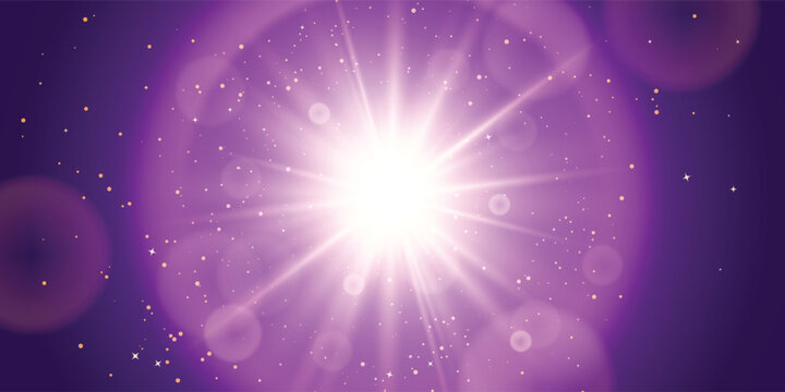 Star burst and sparkles, vector abstract lens flare on blue purple background