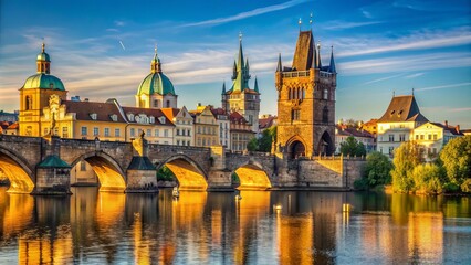 Fototapeta premium Historic Charles Bridge stretches across the Vltava River in Prague, Czech Republic, with stunning Gothic towers and statues against a blue morning sky.