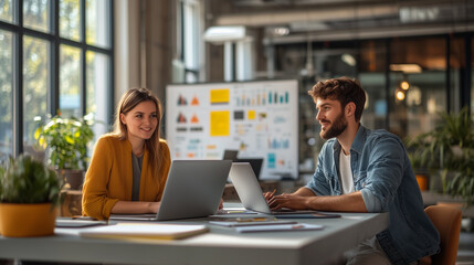 Fototapeta premium Two business partners collaborating joyfully on laptops in a contemporary workspace, brainstorming marketing tactics and examining data. Well lit, spacious environment with abundant natural light