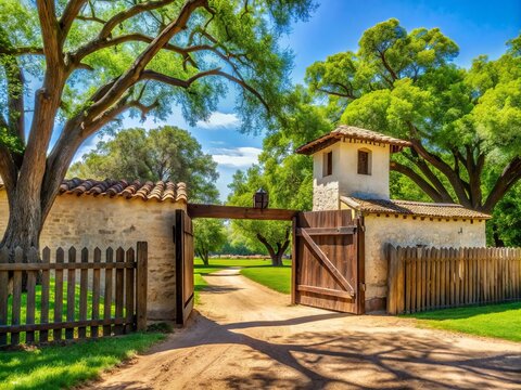 Historic adobe walls and rustic wooden gates of 19th-century Sutter's Fort State Historic Park surrounded by lush greenery and majestic trees in Sacramento, California.
