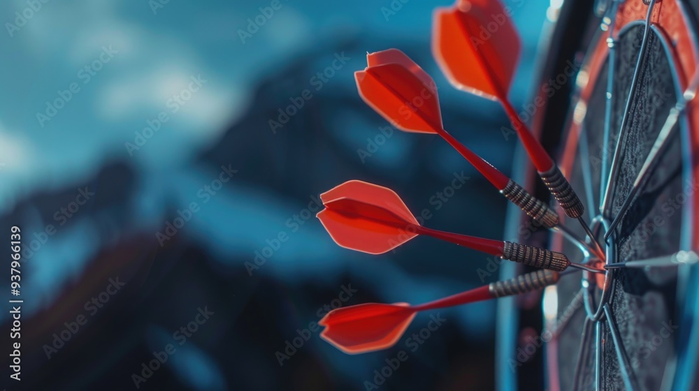 Aufkleber high-speed capture of three red darts striking a target, ideal for sports or action-related contexts