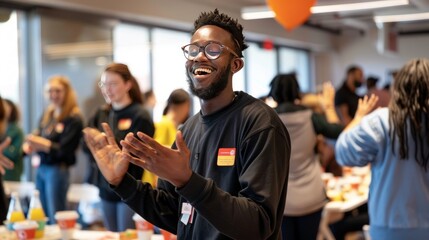 A group of enthusiastic employees organize a fundraiser event to support education for children in developing countries.