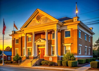 Naklejka premium Historic fraternal organization's lodge building stands proudly on a tranquil evening in Toccoa, Georgia, its facade bathed in warm golden light beneath a clear blue sky.