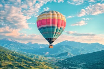 Hot air balloon soaring over serene mountain landscape