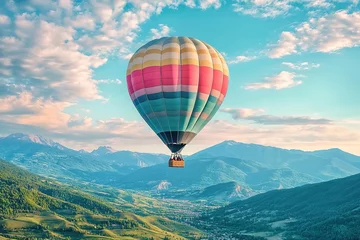 Hot air balloon soaring over serene mountain landscape