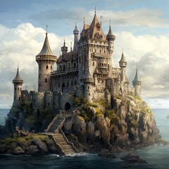Obraz premium Majestic Medieval Castle Overlooking River, Mountains, and Forests, Symbol of Power and Enchantment
