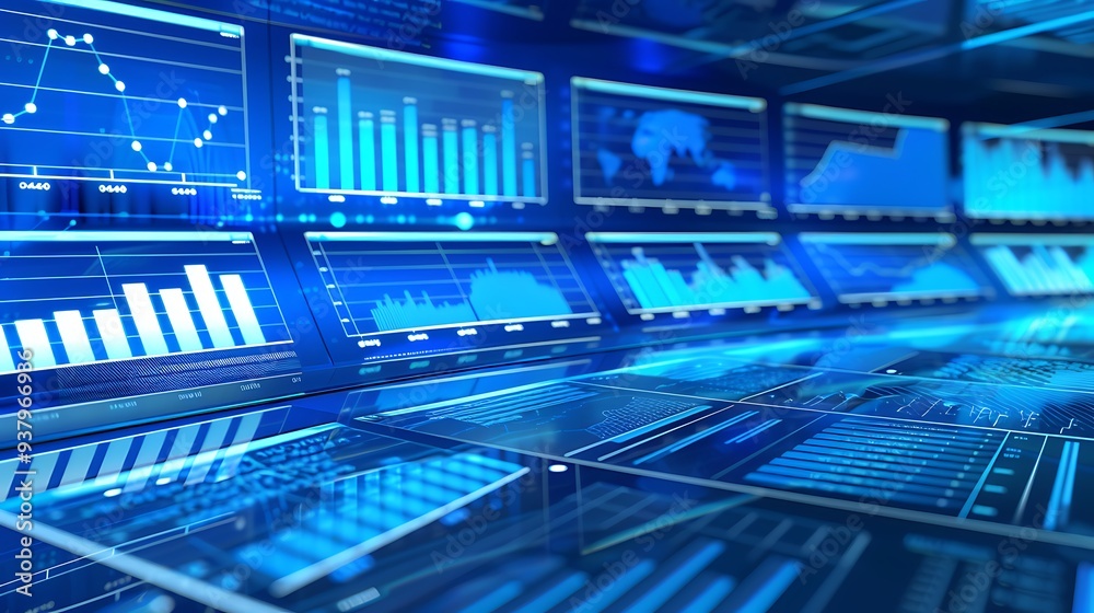 Poster close-up of a data visualization display showcasing various graphs and charts, representing informat