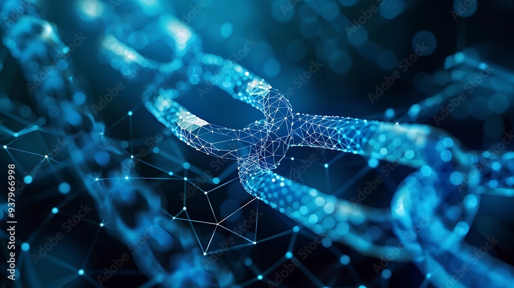 Poster abstract representation of a chain link network creating a digital and futuristic design symbolizes 