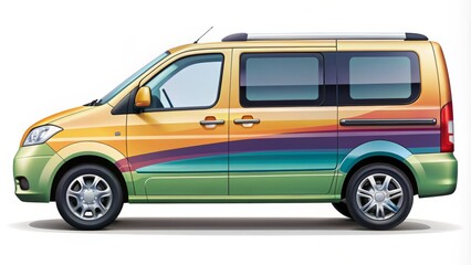 Illustrated colorful side view of a modern mini van with sliding doors, wheels, and headlights, set against a white background in a stylized vector design.