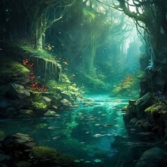 Enchanted River Flowing Through Lush Green Forest, Illuminated by Mystical Glowing Light