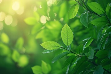 A detailed view of vibrant green leaves basking in warm sunlight, showcasing nature's beauty with a blurred background.