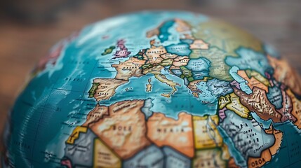 Close-up of a globe focusing on the continent of Europe with its diverse countries and borders.