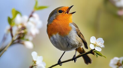 Fototapeta premium A close-up of a bird perched on a blooming branch, singing to welcome the arrival of spring