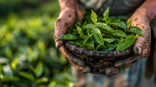 Hands Holding Freshly Picked Green Tea Leaves in a Basket