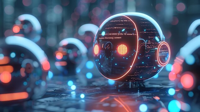 collection of glowing spheres, each displaying complex code, set against a blurry futuristic background, representing the abstract realm of technology and innovation.