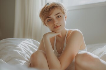 Obraz premium Young woman with short blonde hair sitting on a bed, wearing a white lace top in a softly lit bedroom. Intimate and serene indoor portrait.