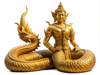 Fototapeta premium Intricately detailed golden Naga art statue with serpentine body and human-like head, isolated on a clean white background with a clipping path for easy editing.