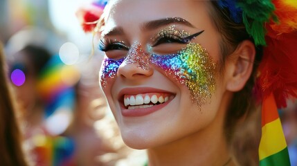 Obraz premium A close-up of a face with rainbow makeup and glitter, smiling with pride and joy during a parade celebration