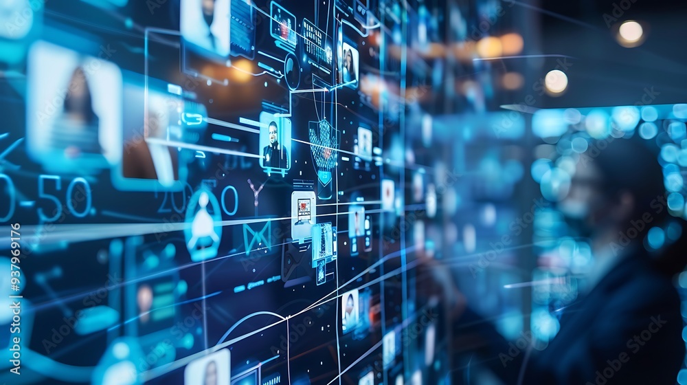 Poster futuristic digital network with data visualization on a screen, representing the interconnectedness 