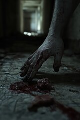 a hand reaching for blood on the floor