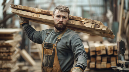 Skilled Woodworker Carrying Planks in a Busy Workshop