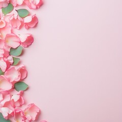Fototapeta premium Pink Rose Petals Border on Light Pink Background