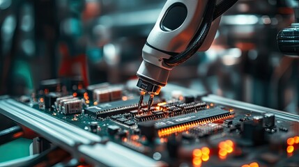 A close-up of a microcontroller being integrated into a robotic system, highlighting the electronics side of mechatronics
