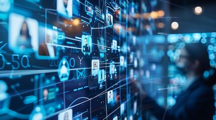 Futuristic digital network with data visualization on a screen, representing the interconnectedness of information in the digital world.