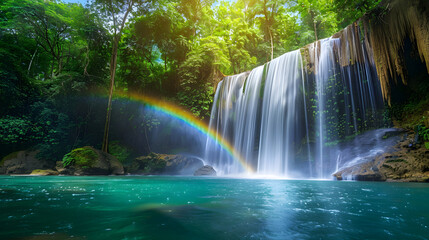 Fototapeta premium Rainbow Over a Waterfall in a Lush Forest
