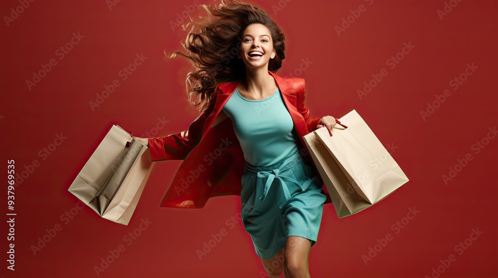 Wall mural Happy woman shopping, girl is running with bags