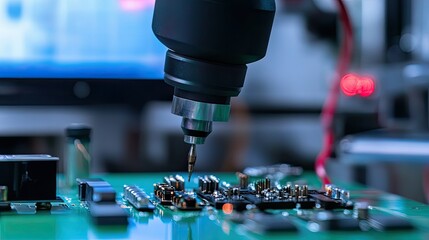 A close-up of a robotic end effector performing a delicate task, such as assembling small electronic components