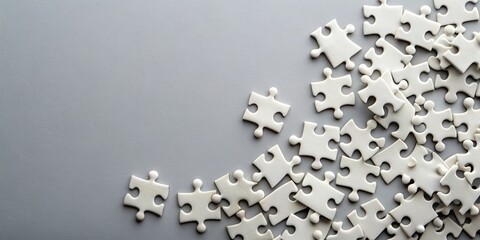 Isolated white puzzle pieces scattered on a grey background, viewed from above, with empty space available for text or branding, conveying complexity and unity.