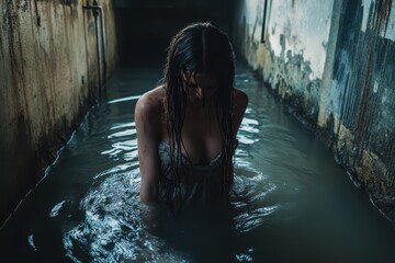 a woman standing in a dark alleyway